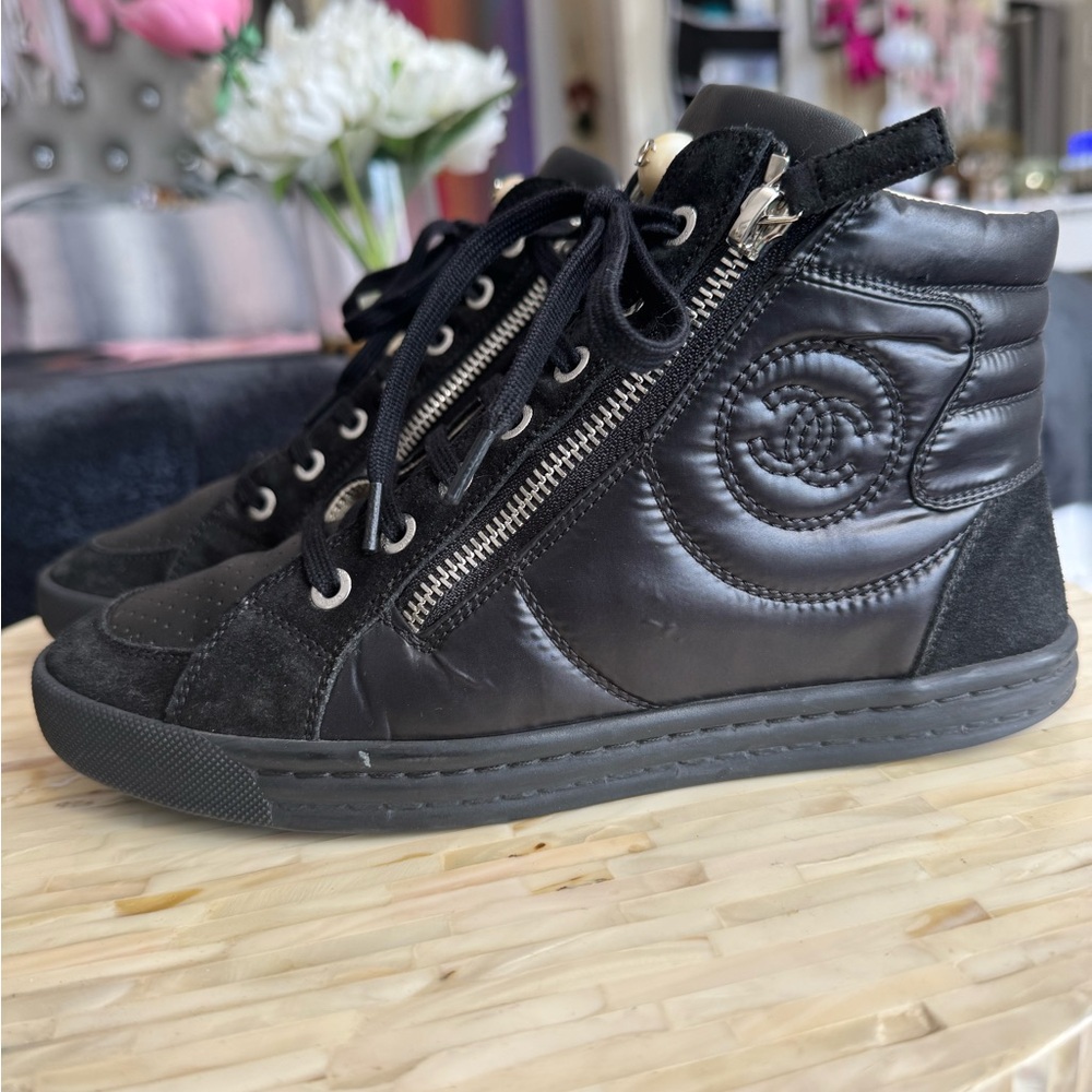 SOLD!! Chanel black leather and suede high top sneakers